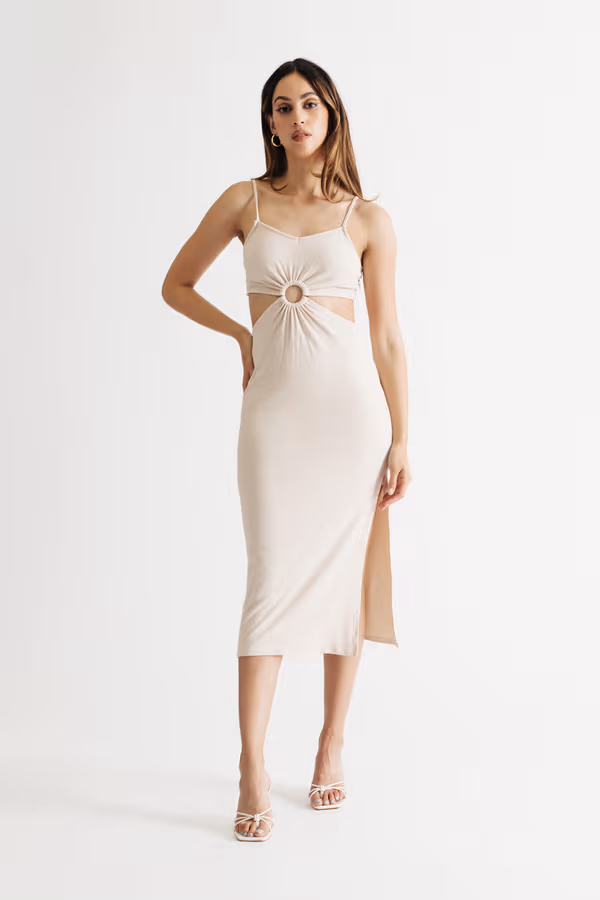 Lennon Cutout Slit Midi Dress - Beige