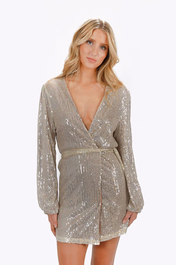 Charlotta Sequin Surplice Mini Dress - Champagne