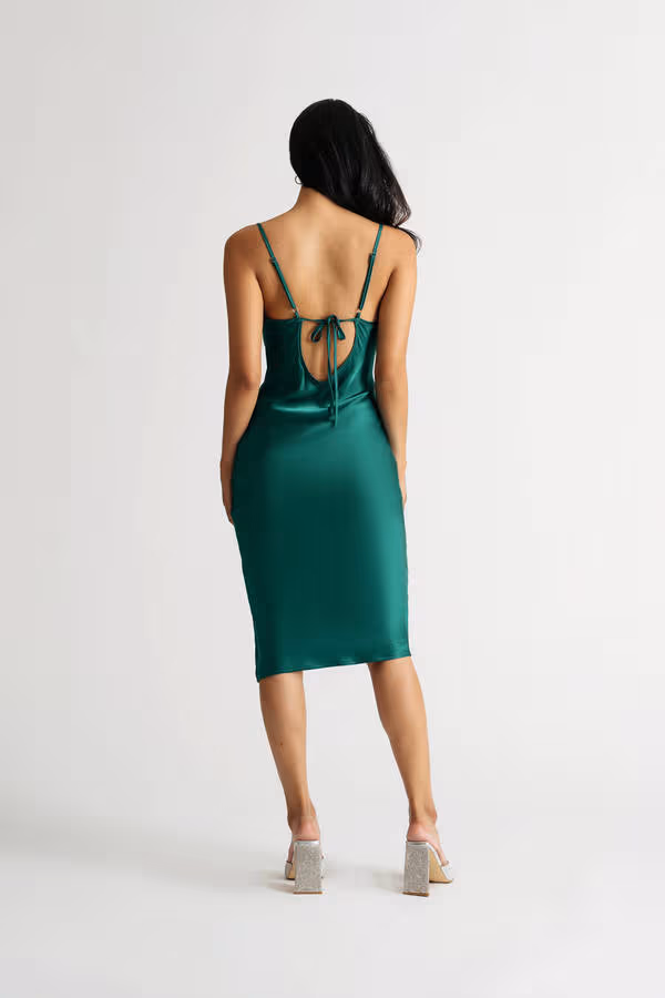 Kelsea Satin Open Back Midi Dress - Emerald