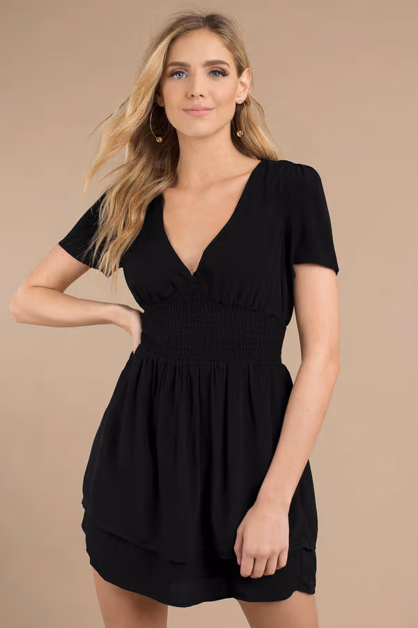 Float My Way Plunging Smocked Mini Dress - Black