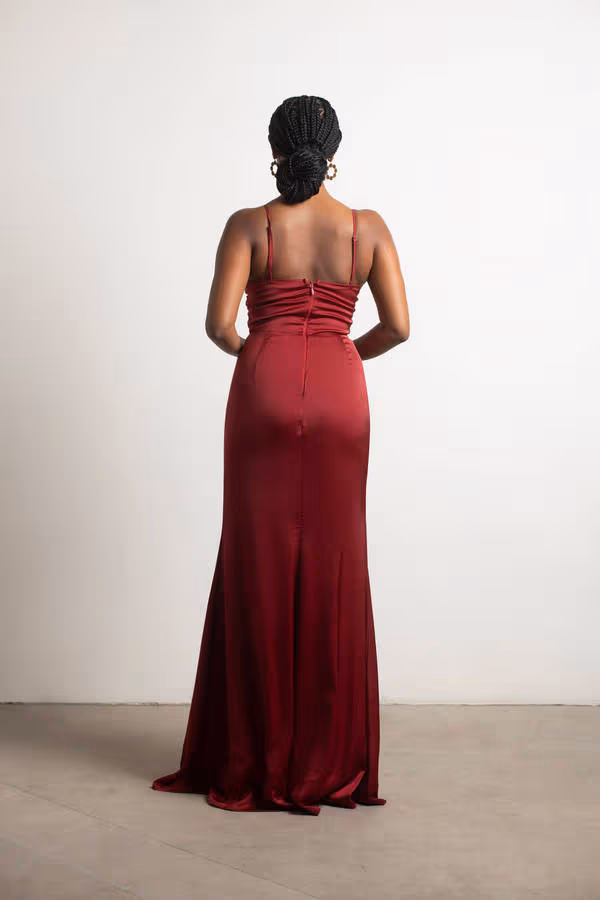 One More Night Satin High Slit Maxi Dress - Emerald