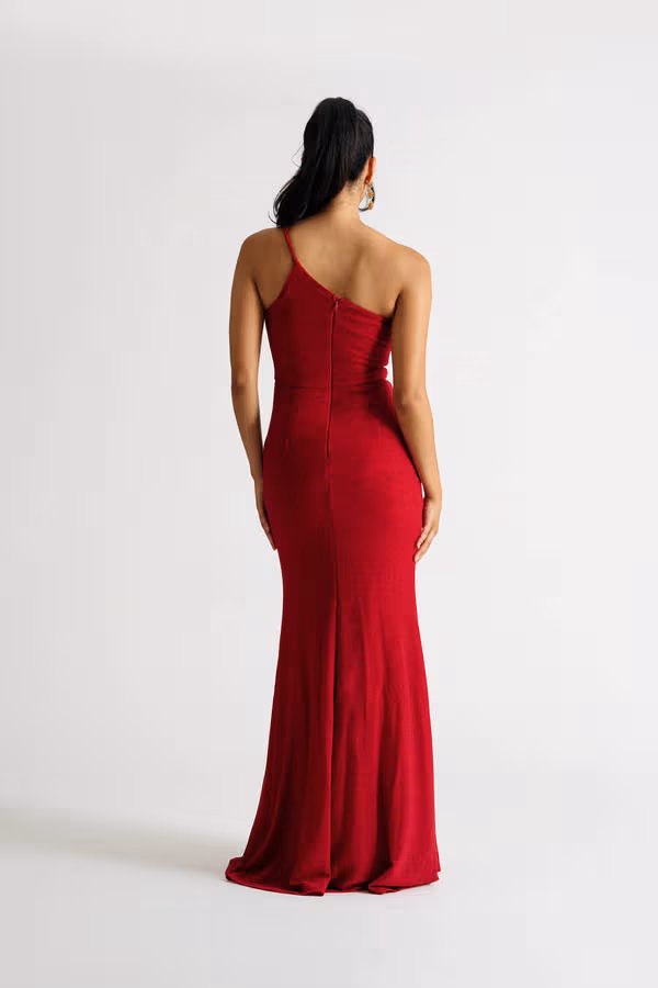 Maggie One Shoulder High Slit Maxi Dress - Red