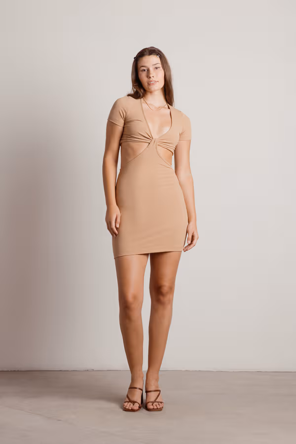 Promise You Ribbed Cutout Mini Dress - Tan