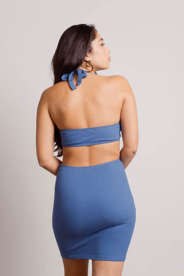 Wasted Time Ribbed Cutout Mini Dress - Beige