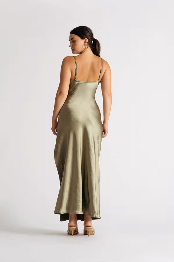 Our Moment Sage Cowl Neck Satin Slit Maxi Dress