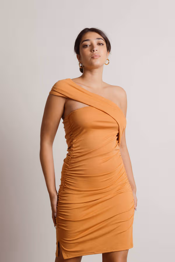 Anya One Shoulder Ruched Mini Dress - Orange