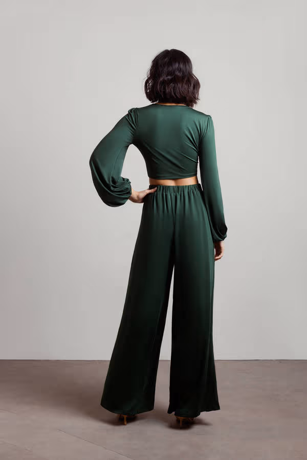 Fall Back Front Tie Top and Pants Set - Hunter Green