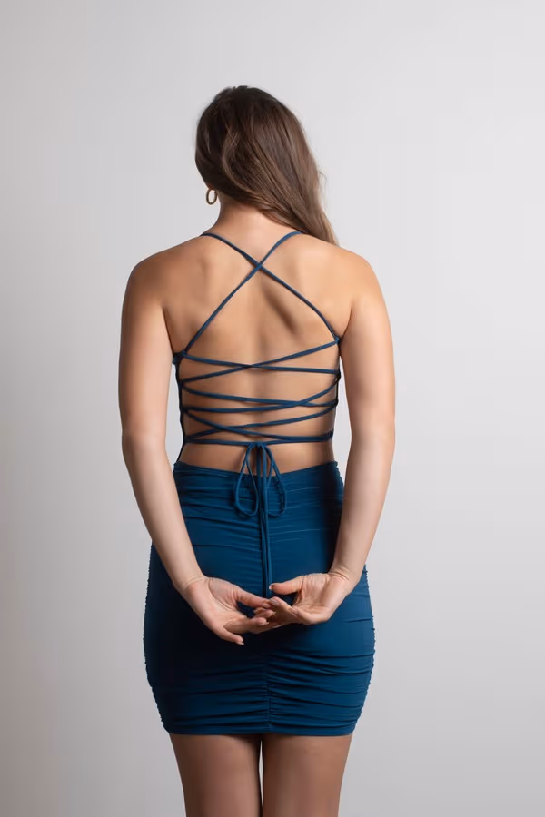 Vicki Ruched Open Back Mini Dress - Teal