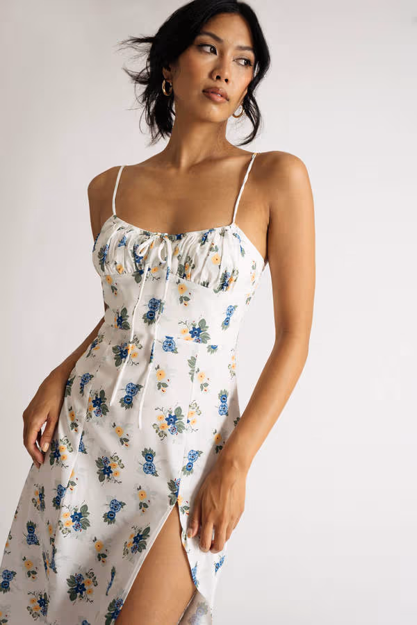 Azalia Floral Slit Midi Dress - White Multi