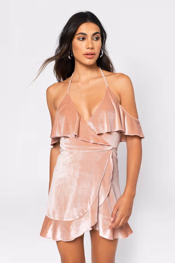 Small Crush Velvet Cold Shoulder Mini Dress - Rose