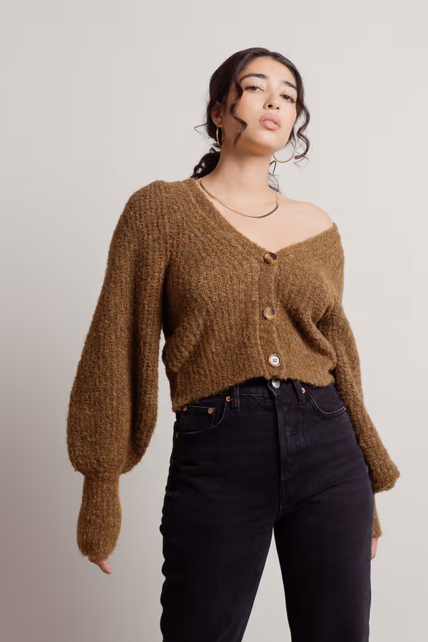Caffeine Addict Balloon Sleeve Cardigan - Olive
