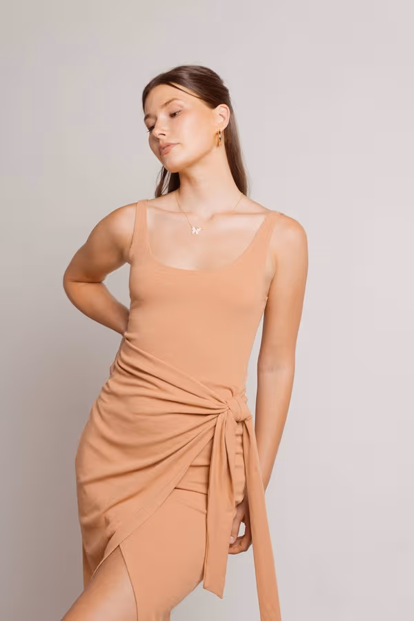 Wish I Missed You Side Slit Wrap Midi Dress - Tan