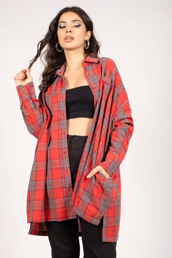 Plaid To The Bone Button Up Top - Red