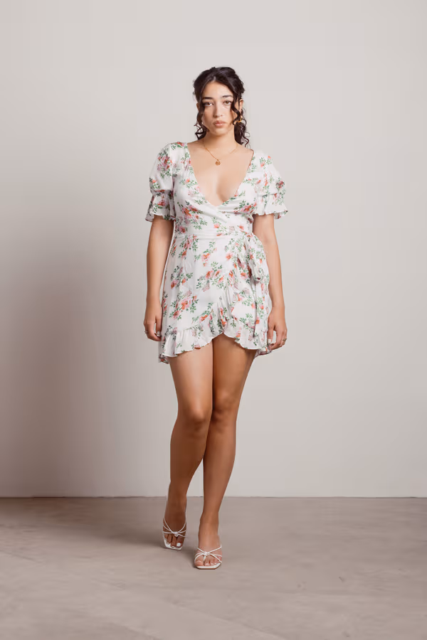 Some Perspective Floral Plunging Mini Dress - White Multi