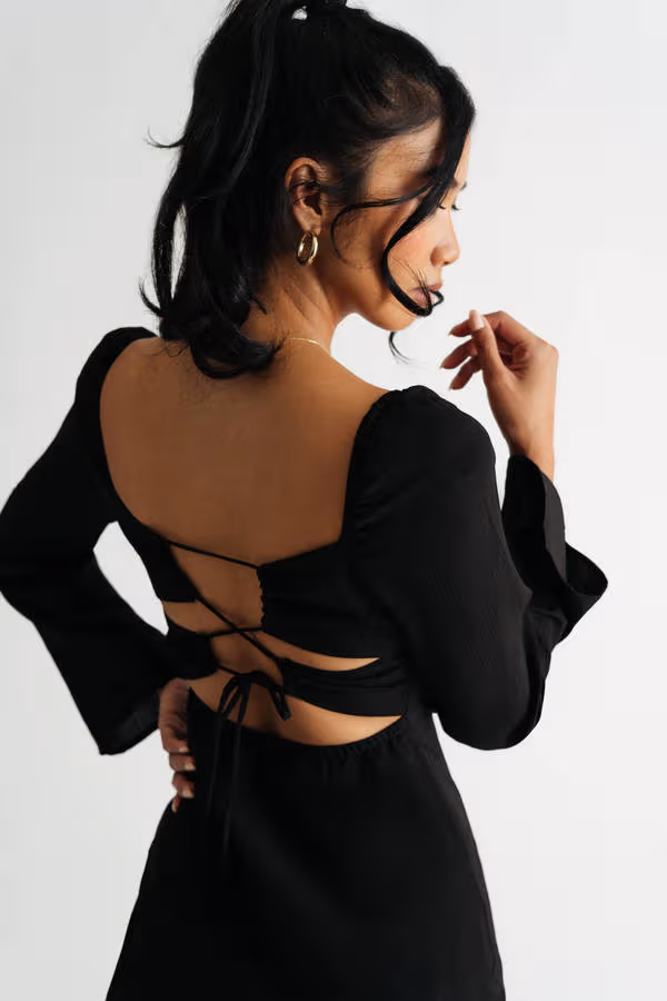 Always Want More Black Cowl Neck Back Tie Mini Dress