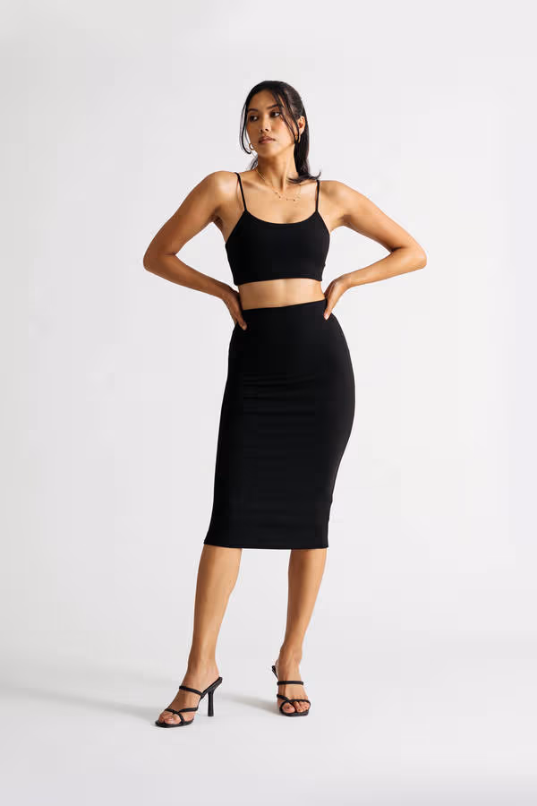 Almost There Ribbed Crop Top and Midi Skirt Set - Black