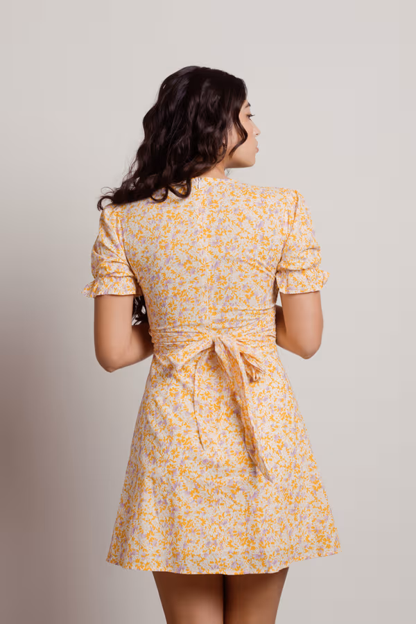 Picket Fence Floral Wrap Mini Dress - Orange