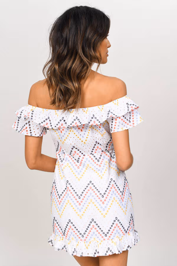 Tara Ruffle Off The Shoulder Mini Dress - White Multi