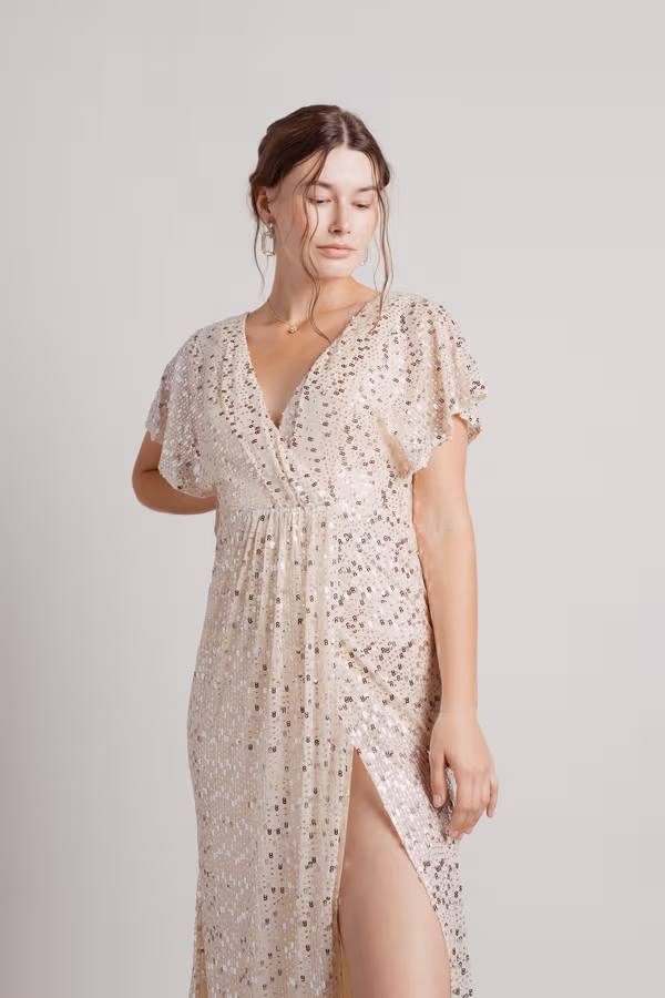 Dreaming of You Tonight Surplice Sequin Maxi Dress - Silver Beige