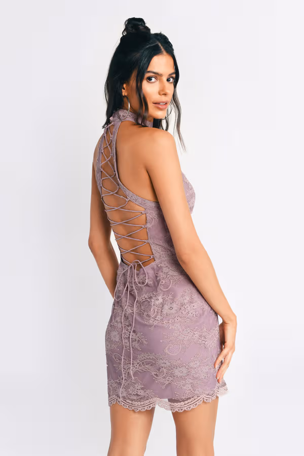 Lucky Lady Lace Choker Neck Mini Dress - Mauve