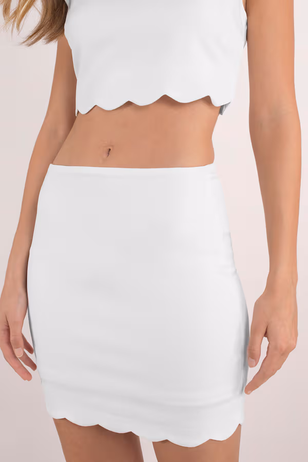 Getting Wavy Scalloped Hem Crop Top and Mini Skirt Set - White