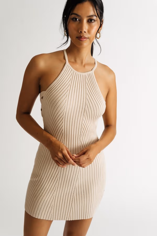 Somewhere To Go Ribbed Halter Mini Dress - Taupe