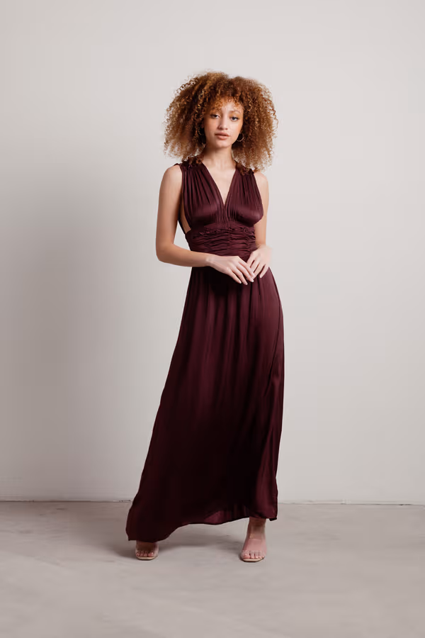 Goddess Satin Smocked Maxi Dress - Navy