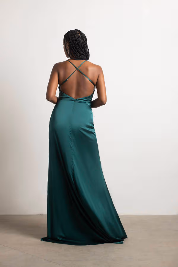 Bright Lights Satin High Slit Maxi Dress - Emerald