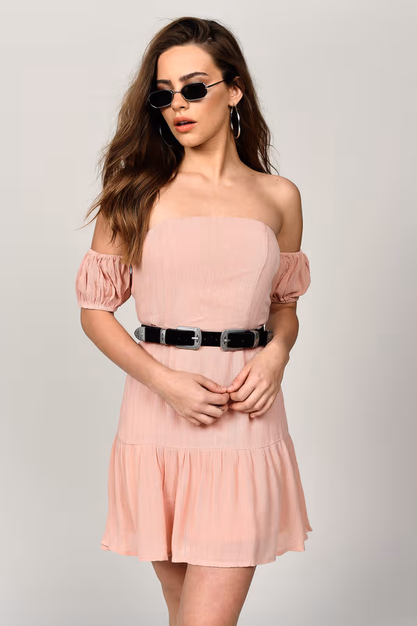 Ally Off The Shoulder Tiered Mini Dress - Blush