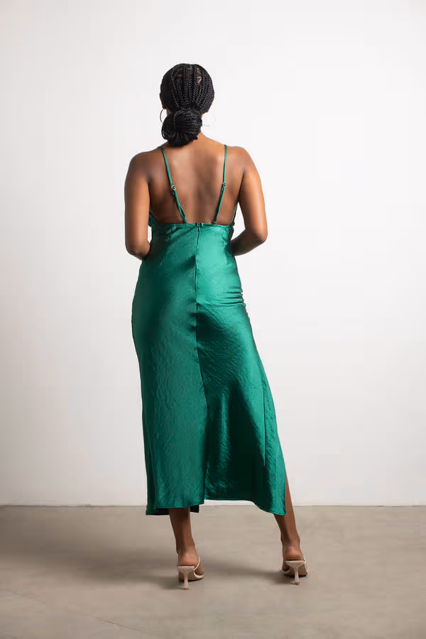 Always Yours Satin High Slit Midi Dress - Green