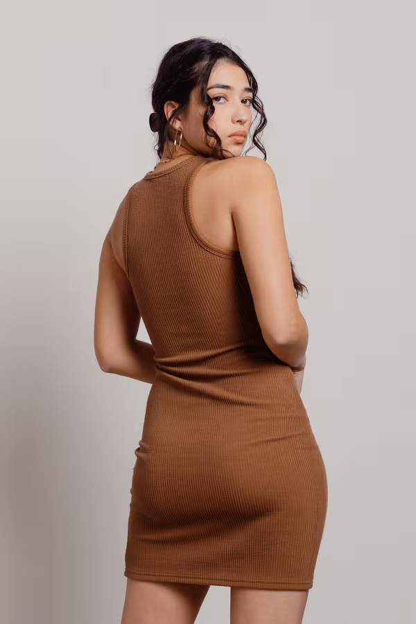 Keep It Basic Ribbed Knit Bodycon Mini Dress - Beige