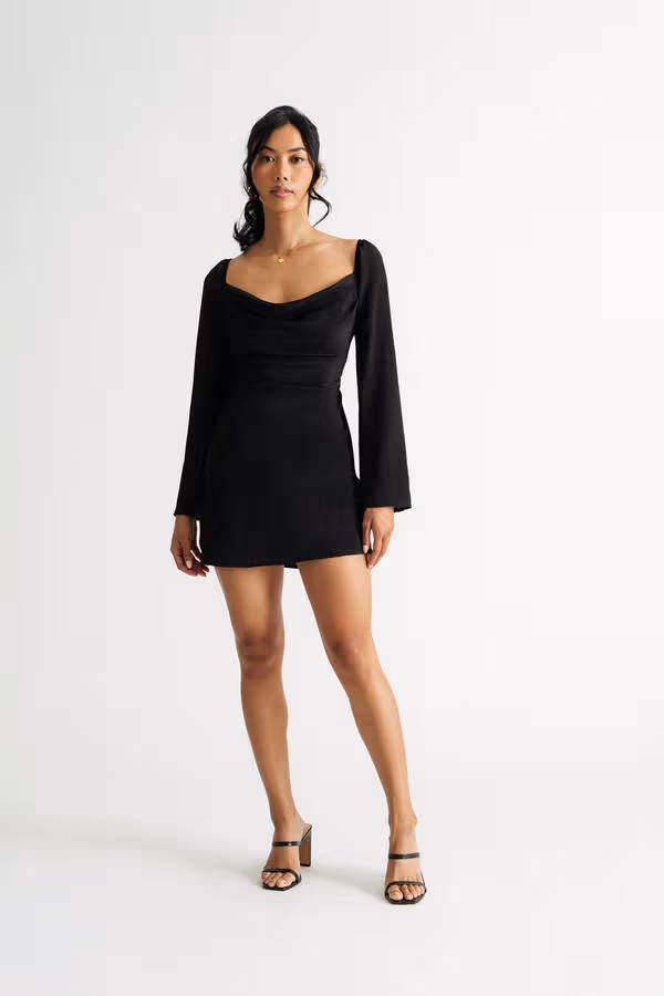Always Want More Black Cowl Neck Back Tie Mini Dress