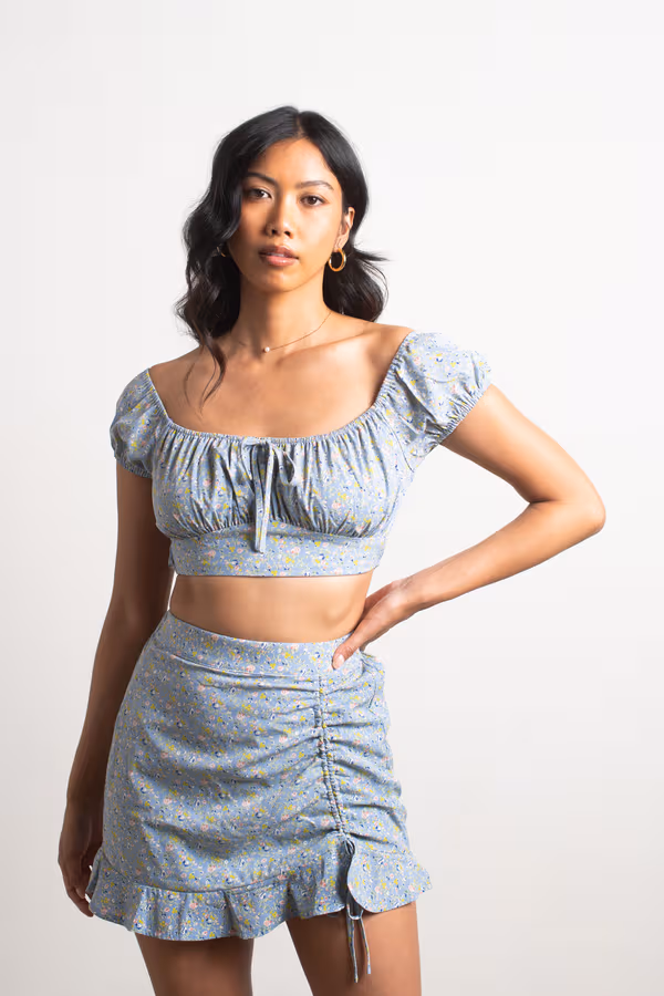 Wait No Longer Floral Crop Top and Mini Skirt Set - Blue