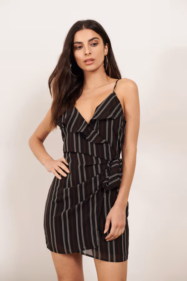 Stripe To The Point Ruffle Wrap Mini Dress - Black