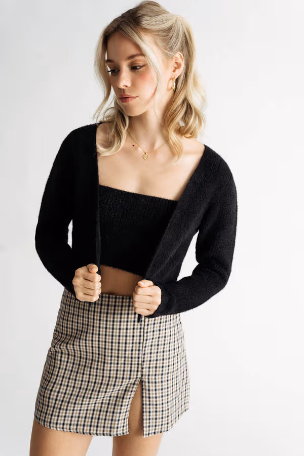 Beatrice Fuzzy Crop Top and Cardigan Set - Brown
