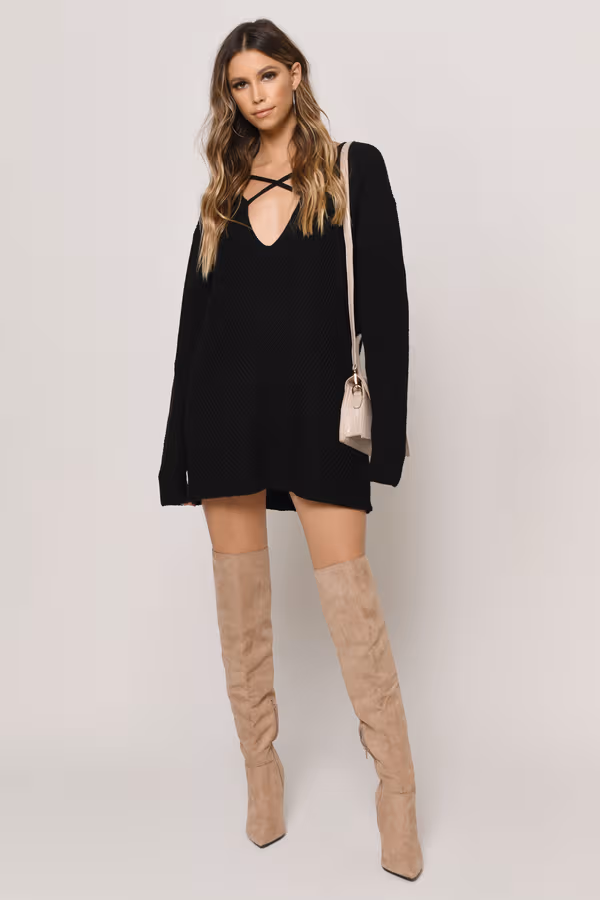 Don't Let Me Down Plunging Sweater Mini Dress - Black