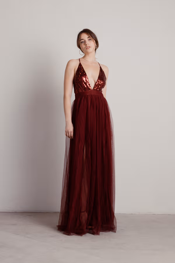 Kristina Plunging Tulle Maxi Dress - Wine
