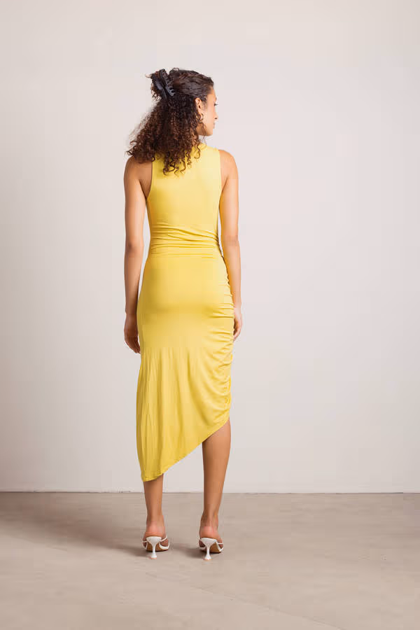 Nonsense Ruched Asymmetrical Midi Dress - Yellow
