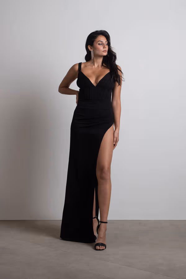All Over Me Corset High Slit Maxi Dress - Black