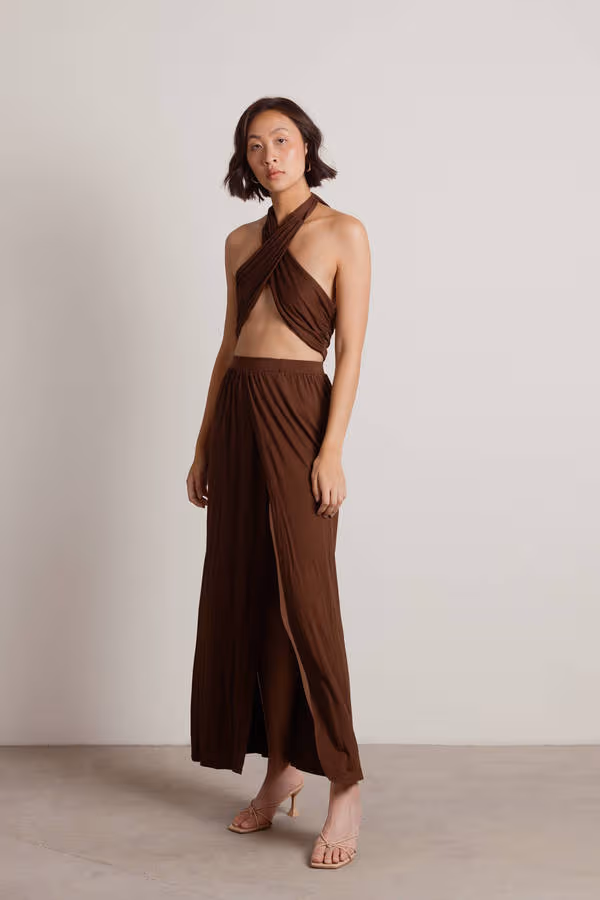 Naya Cross Halter Top and Slit Maxi Skirt Set - Brown