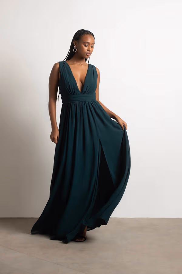 Everlasting Moment Plunging High Slit Maxi Dress - Emerald