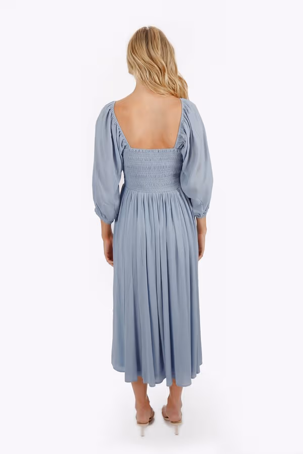 Ariadne Geri Dress Square Neck Smocked Midi Dress - Sky Blue