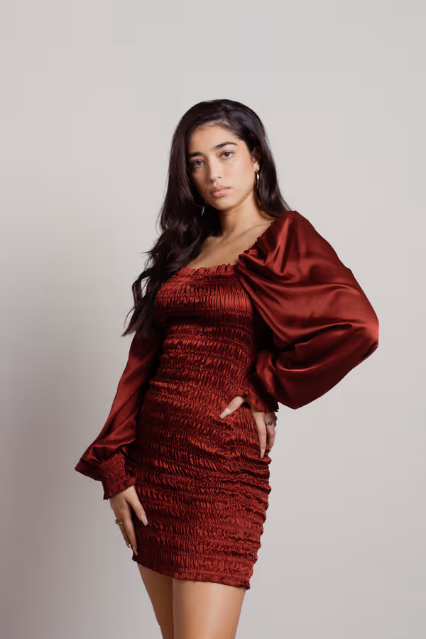 Glam Night Satin Smocked Mini Dress - Burgundy