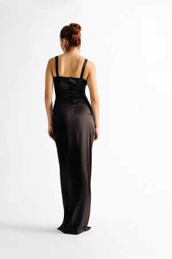 Last A Lifetime Black Satin Bustier Maxi Dress