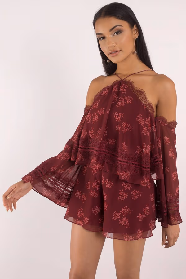 Keepsake Moonlight Cold Shoulder Romper - Wine