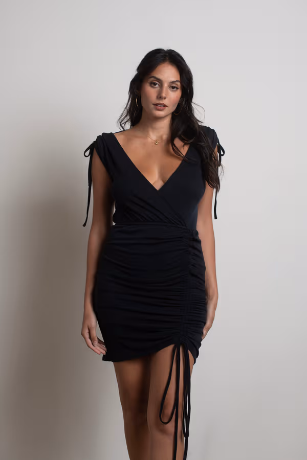 Savannah Ruched Surplice Mini Dress - Black