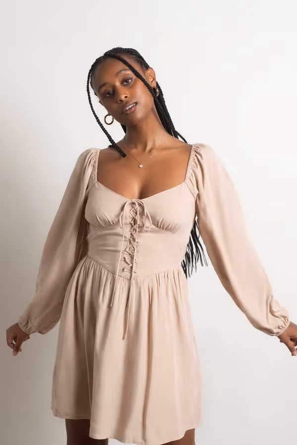 Float Away Taupe Lace Up Babydoll Mini Dress