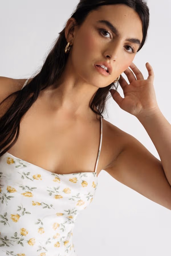 Hitomi Floral Satin Mini Dress - White Multi