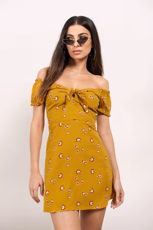 Wish Away Floral Skater Mini Dress - Mustard