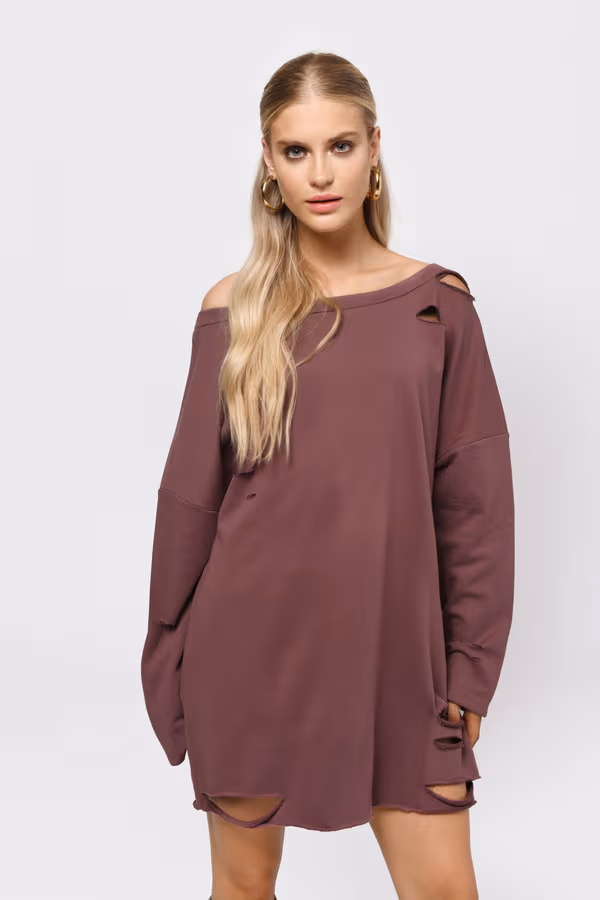 Show Distressed Sweater Mini Dress - Marsala